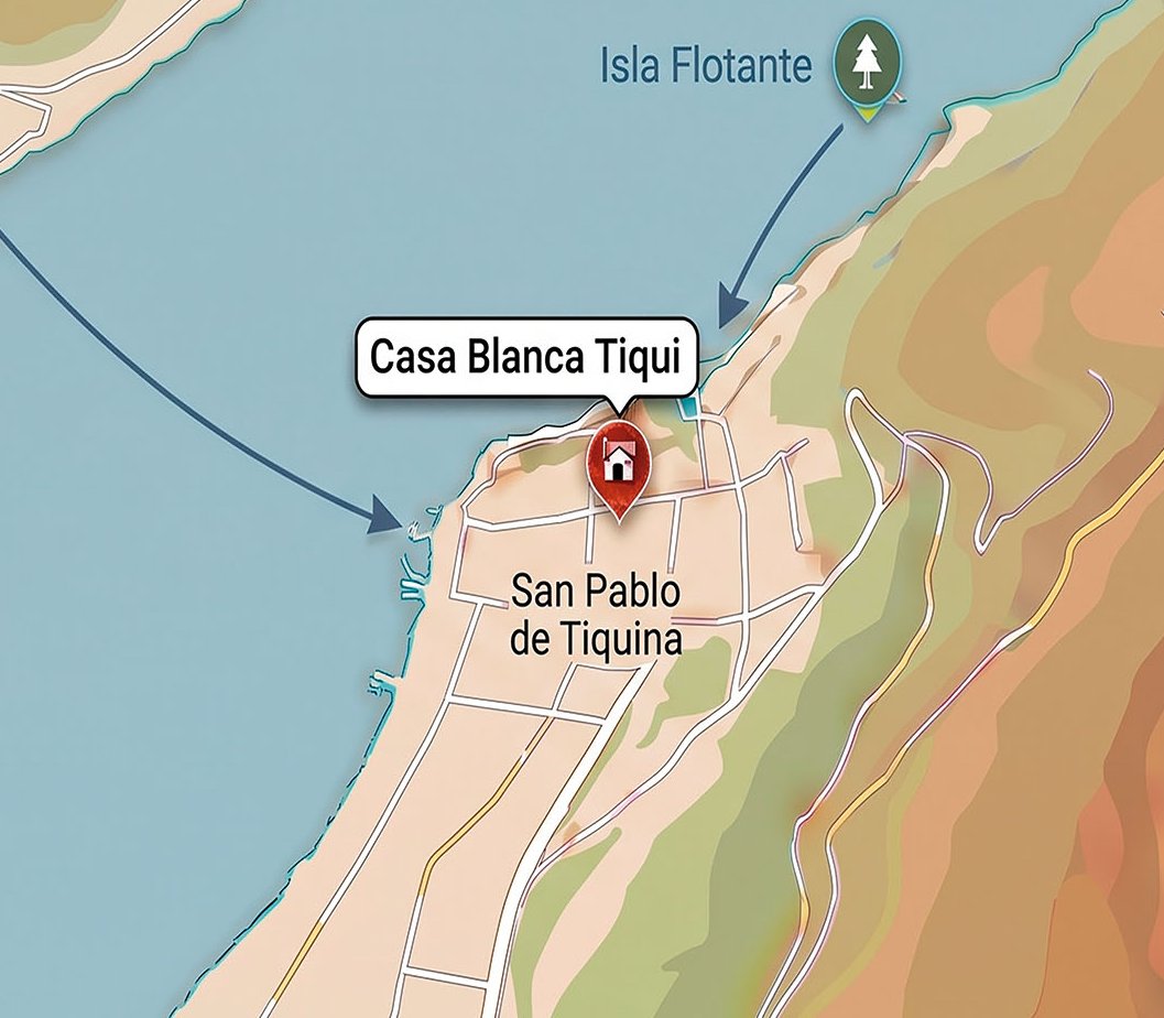 Mapa ilustrado de San Pablo de Tiquina con la ubicación de Casa Blanca Tiqui y la Isla Flotante